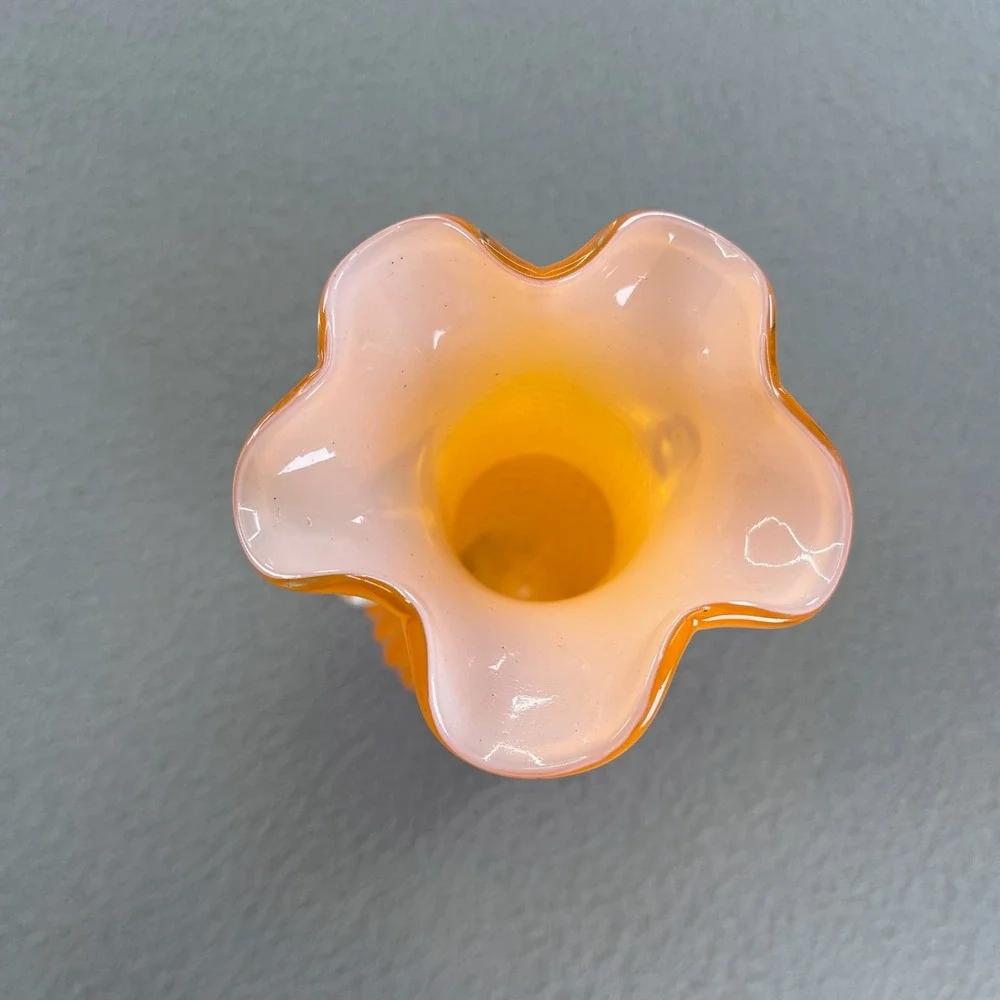 Vintage Orange Hobnail Glass Vase Ruffled Rim Clear Handles 8.5